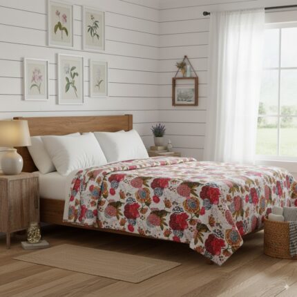 cubre cama doble floral de algodon