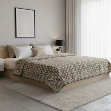 colcha beige y azul cama doble