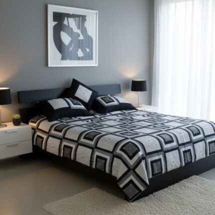 cubrecama blanco y negro de seda con espejitos