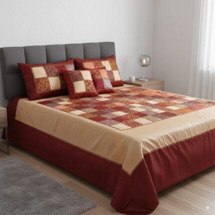 Juego de Colcha de Seda Doble patchwork cobre y granate