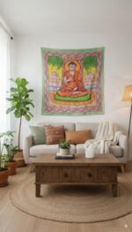 tapiz de algodon de buda decorando pared