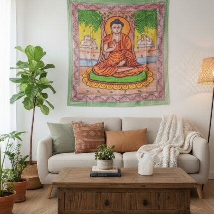 tapiz de algodon de buda decorando pared
